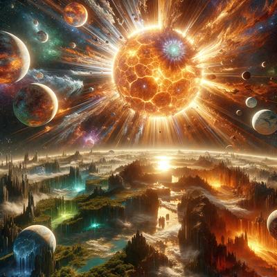 The primary subject of the image is a sunset, with the sun being the main focus. The setting is a futuristic, space-themed environment, featuring a variety of planets, moons, and other celestial objects. The visual style is a combination of photo and digital art, creating a vibrant and dynamic scene. The colors and mood of the image are warm and inviting, with the sunset casting a golden glow over the space-themed landscape.